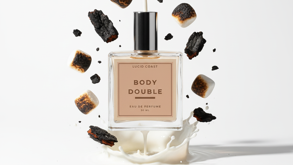 Perfume bottle labeled 'Body Double' by Lucid Coast with a white background and blackened ingredients.