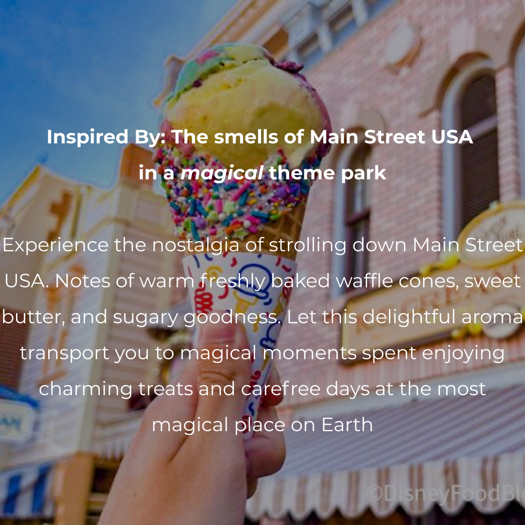 Ice cream cone with colorful sprinkles held up in front of a theme park building.